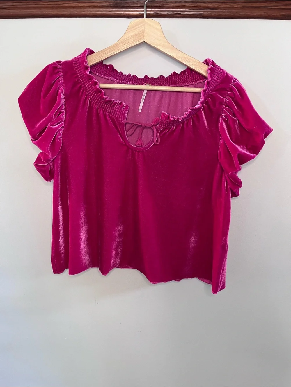 Free People Fuchsia Pink Velvet Smocked Tie Neck Puff Sleeve Top XS OB1585260